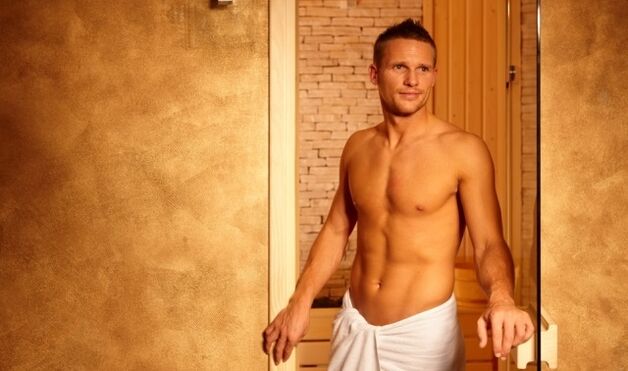 Man in bathhouse before penis enlargement